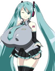 Rule 34 | 1girl, black skirt, blue eyes, blue hair, bow, bowtie, breasts, covered erect nipples, cowboy shot, female focus, gigantic breasts, hatsune miku, headset, impossible clothes, long hair, looking at viewer, nail polish, ringosu33, shirt, skirt, sleeveless, sleeveless shirt, solo, tattoo, thighhighs, twintails, very long hair, vocaloid