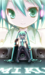 Rule 34 | 1girl, ano gakki, aqua eyes, aqua hair, boots, breasts, detached sleeves, female focus, full body, hatsune miku, headset, highres, long hair, necktie, shiragi, sitting, skirt, smile, solo, speaker, thigh boots, thighhighs, twintails, very long hair, vocaloid, zoom layer