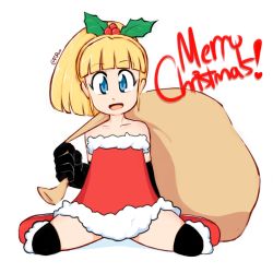 Rule 34 | 1girl, bare shoulders, black gloves, black thighhighs, blonde hair, blue eyes, blunt bangs, boots, child, christmas, collarbone, dress, elbow gloves, full body, fupoo, fur trim, gloves, hair ornament, kneeling, long hair, looking at viewer, mega man (classic), mega man (series), merry christmas, mistletoe, open mouth, ponytail, red dress, red footwear, roll (mega man), sack, simple background, sitting, smile, solo, spread legs, strapless, strapless dress, thighhighs, wariza, white background