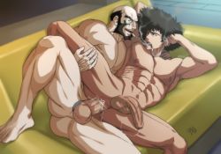 Rule 34 | 2boys, abs, absurdres, anal, ass, bald, bara, beard, black hair, cigarette, completely nude, cowboy bebop, cum, cum in ass, cum on male, facial hair, highres, jet black, large pectorals, looking at another, lupin barnabi, lying, male focus, male penetrated, multiple boys, muscular, muscular male, navel, nipples, nude, on side, one eye closed, open mouth, pectorals, sex, short hair, smile, spike spiegel, testicles, uncensored, yaoi