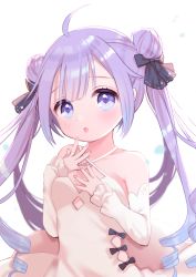 Rule 34 | 1girl, :o, alternate hairstyle, azur lane, bad id, bad pixiv id, bare shoulders, black bow, black ribbon, blush, bow, breasts, collarbone, commentary request, criss-cross halter, detached sleeves, double bun, dress, fingernails, hair bun, hair ribbon, halterneck, hands up, long hair, long sleeves, looking at viewer, maeha, nail polish, parted lips, pink nails, purple eyes, purple hair, ribbon, side bun, simple background, sleeves past wrists, small breasts, solo, twintails, twintails day, unicorn (azur lane), very long hair, white background, white dress, white sleeves