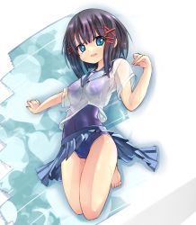 Rule 34 | 1girl, aqua eyes, barefoot, black hair, one-piece swimsuit, original, outstretched arm, pleated skirt, school uniform, see-through, shiny clothes, short hair, skirt, solo, swimsuit, swimsuit under clothes, unomi, wet, wet clothes