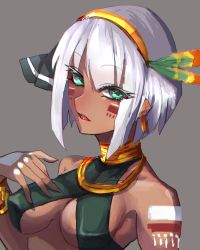 Rule 34 | 1girl, asatsuki (cookie), aztec, blush, bob cut, breasts, commentary, cookie (touhou), dark-skinned female, dark skin, eyes visible through hair, feather hair ornament, feathers, gold hairband, green eyes, grey background, hair between eyes, hair ornament, hairband, halterneck, highres, jewelry, konpaku youmu, looking at viewer, medium breasts, necklace, open mouth, shimosuke, short hair, simple background, solo, touhou, upper body, white hair