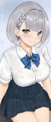 Rule 34 | 1girl, black skirt, blue bow, blue bowtie, bow, bowtie, braid, breast pocket, breasts, collared shirt, green eyes, grey hair, highres, hololive, large breasts, plaid, plaid skirt, pocket, school uniform, shirogane noel, shirogane noel (school uniform), shirt, short hair, sitting, skirt, smile, solo, virtual youtuber, wennananyan, white shirt