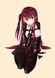 Rule 34 | 1girl, absurdres, arm support, beige background, black footwear, black gloves, black pantyhose, black skirt, blazer, blush, breasts, brown hair, closed mouth, collared shirt, girls&#039; frontline, gloves, hair ribbon, half updo, hand on own chest, head tilt, highres, jacket, long hair, long sleeves, looking at viewer, medium breasts, necktie, one side up, open mouth, panties, pantyhose, pantyshot, purple hair, red eyes, red necktie, red ribbon, ribbon, shirt, shoes, side ponytail, simple background, siraele, sitting, skirt, solo, thighband pantyhose, tsundere, underwear, very long hair, wa2000 (girls&#039; frontline), white panties