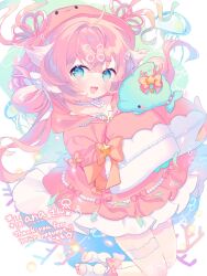 Rule 34 | 1girl, :d, blue eyes, blush, bow, commentary request, commission, dress, hair between eyes, hat, highres, holding, jacket, jellyfish, jumping, komomo (2899), long hair, long sleeves, looking at viewer, open mouth, original, pink dress, pink hair, puffy sleeves, signature, skeb commission, skirt, sleeves past fingers, sleeves past wrists, smile, solo, stuffed animal, stuffed dolphin, stuffed toy, toeless legwear
