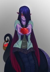 Rule 34 | 1girl, apophis (monster girl encyclopedia), apple, basket, black sclera, blue hair, blush, claws, collarbone, colored sclera, colored skin, facing viewer, fang, food, food bite, fruit, gradient hair, grey background, hair over one eye, highres, holding, holding food, lamia, less, long hair, looking at viewer, miniskirt, monster girl, monster girl encyclopedia, multicolored hair, one eye covered, pointy ears, prehensile tail, purple skin, red hair, scales, simple background, skirt, smile, snake tail, solo, tail, holding with tail, very long hair, yellow eyes, you gonna get raped