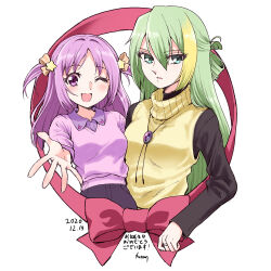 Rule 34 | 2girls, alina gray, alternate costume, blonde hair, blush, breasts, collared shirt, dated, green eyes, green hair, hair between eyes, hair ornament, hair ribbon, highres, jewelry, long hair, long sleeves, looking at viewer, magia record: mahou shoujo madoka magica gaiden, mahou shoujo madoka magica, medium breasts, medium hair, misono karin, multicolored hair, multiple girls, necklace, one eye closed, open mouth, orange ribbon, parted bangs, pink shirt, purple eyes, purple hair, purple shirt, ribbon, satom, shirt, sidelocks, simple background, single hair ring, smile, star (symbol), star hair ornament, straight hair, streaked hair, sweater, sweater vest, two side up, vest, white background, yellow vest