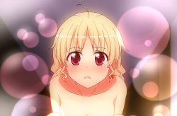 Rule 34 | 1girl, agnes boulange, ahoge, anime coloring, bad id, bad pixiv id, blonde hair, breasts, collarbone, earrings, jewelry, looking at viewer, medium breasts, mikomiko (mikomikosu), no headwear, no headwear, nude, open mouth, red eyes, short hair, shukufuku no campanella, solo, upper body