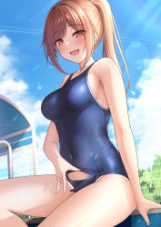 Rule 34 | 1girl, :d, absurdres, bare arms, bare shoulders, blue one-piece swimsuit, blurry, breasts, brown eyes, brown hair, covered navel, day, depth of field, fang, highres, long hair, looking at viewer, medium breasts, monaka curl, one-piece swimsuit, open mouth, original, outdoors, ponytail, school swimsuit, sidelocks, sitting, smile, solo, swimsuit, thighs, wet
