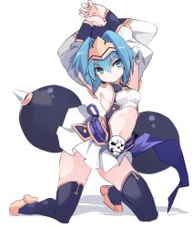 Rule 34 | 1girl, arms up, black thighhighs, blue hair, blush, breasts, closed mouth, commentary request, covered erect nipples, green eyes, hair between eyes, hair intakes, hat, head tilt, headpiece, hellmatio, highres, karukan (monjya), long sleeves, looking at viewer, navel, pleated skirt, pointy ears, shadow, shinrabanshou, short hair, skirt, skull, sleeveless, small breasts, smile, solo, thick eyebrows, thighhighs, white background, white hat, white skirt