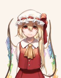 Rule 34 | 1girl, absurdres, arms behind back, ascot, bad id, bad twitter id, beige background, blonde hair, commentary, crystal, english commentary, flandre scarlet, hair between eyes, hat, hat ribbon, highres, long hair, looking at viewer, mob cap, one side up, red eyes, red ribbon, red skirt, red vest, ribbon, shan, shirt, short sleeves, simple background, skirt, smile, solo, touhou, upper body, vest, white hat, white shirt, wings, yellow ascot