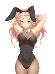 Rule 34 | 1girl, animal ears, armpits, arms behind head, arms up, black leotard, blush, braid, breasts, brown pantyhose, cleavage, detached collar, esaka, fake animal ears, green eyes, h&#039;aanit (octopath traveler), leotard, light purple hair, long hair, looking at viewer, medium breasts, octopath traveler, octopath traveler i, pantyhose, playboy bunny, rabbit ears, rabbit tail, simple background, solo, strapless, strapless leotard, tail, wrist cuffs