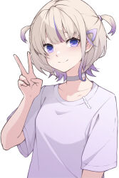 Rule 34 | 1girl, absurdres, blonde hair, blunt bangs, choker, collarbone, commentary request, hair ornament, hairclip, highres, hitozche, hololive, hololive dev is, looking at viewer, multicolored hair, purple eyes, purple hair, shirt, short hair, short sleeves, sidelocks, signature, simple background, smile, solo, todoroki hajime, two-tone hair, upper body, v, virtual youtuber, white background, white choker, white shirt
