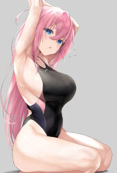 Rule 34 | 1girl, armpits, arms up, black one-piece swimsuit, blue eyes, blush, bocchi the rock!, breasts, commentary, competition swimsuit, covered navel, flying sweatdrops, gotoh hitori, grey background, hair between eyes, highleg, highleg swimsuit, highres, inuzumi masaki, large breasts, legs, long hair, looking at viewer, navel, one-piece swimsuit, open mouth, pink hair, seiza, sitting, solo, sweat, swimsuit, thick thighs, thighs