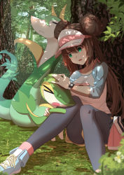 Rule 34 | &gt; &lt;, 1girl, bad id, bad pixiv id, bag, black pantyhose, bow, breasts, brown hair, collarbone, commentary request, creatures (company), double bun, elach, eyelashes, game freak, gen 5 pokemon, grass, green eyes, hair bun, headpat, highres, knees together feet apart, long hair, nintendo, pantyhose, pantyhose under shorts, pink bow, pokemon, pokemon (creature), pokemon bw2, raglan sleeves, rosa (pokemon), serperior, shirt, shoes, short shorts, shorts, sitting, sneakers, snivy, tearing up, tree, twintails, visor cap, yellow shorts