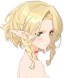Rule 34 | 1girl, alternate hair length, alternate hairstyle, blonde hair, braid, bright pupils, choker, dungeon meshi, elf, from side, green eyes, hashtag-only commentary, highres, marcille donato, pointy ears, portrait, red choker, serpent (pepepp39), solo, white background, white pupils