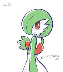 Rule 34 | 1girl, arm at side, artist name, blush, bob cut, bright pupils, colored skin, creatures (company), female focus, flat chest, from behind, game freak, gardevoir, gen 3 pokemon, green hair, green skin, hair over one eye, hand up, highres, japanese text, ka ei volltis, light blush, looking at viewer, looking back, multicolored skin, nintendo, one eye covered, pokemon, pokemon (creature), red eyes, short hair, signature, simple background, sketch, solo, translation request, two-tone skin, white background, white pupils, white skin