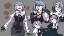 Rule 34 | 1girl, absurdres, blush, breasts, brooch, ascot, crying, dress, formal, gloves, ace attorney, highres, jewelry, franziska von karma, long sleeves, medium breasts, mole, mole under eye, one eye closed, open mouth, puffy sleeves, short hair, grey eyes, silver hair, skirt, smug, solo, surprised, tiredcatmom, upper body, whip, wrist cuffs, aged down