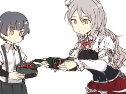 Rule 34 | 2girls, alcohol, arare (kancolle), arm warmers, bottle, breasts, brown footwear, commentary request, grey hair, grey skirt, hat, holding, holding bottle, holding clothes, holding hat, kantai collection, long hair, long sleeves, multiple girls, no mouth, pola (kancolle), pouring, red skirt, satsumi, shirt, short hair, short sleeves, simple background, skirt, smile, suspender skirt, suspenders, unworn hat, unworn headwear, white background, white shirt, wine, wine bottle