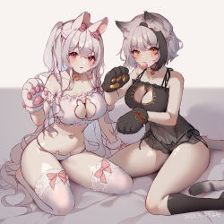 Rule 34 | 2girls, animal ears, animal hands, bare shoulders, bell, black bra, black hair, black panties, black socks, black vs white, blush, bow, bra, breasts, blowing bubbles, camisole, cat cutout, cat ear panties, cat ears, cat girl, cat lingerie, cat paws, cat tail, chewing gum, cleavage, cleavage cutout, clothing cutout, female focus, frilled bra, frilled camisole, frills, gloves, grey hair, highres, kneehighs, large breasts, lingerie, long hair, looking at viewer, meme attire, multicolored hair, multiple girls, navel, neck bell, original, panties, parted lips, paw gloves, red eyes, see-through, shiro albino, short hair, side-tie panties, skindentation, socks, stomach, streaked hair, string panties, tail, thighhighs, thighs, two-tone hair, underwear, underwear only, very long hair, white bra, white hair, white legwear, white panties, yellow eyes