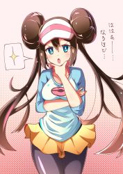 Rule 34 | 1girl, bad id, bad pixiv id, black pantyhose, blue eyes, breast lift, breasts, brown hair, creatures (company), double bun, game freak, hair bun, hand on own chin, hand up, hat, highres, impossible clothes, long hair, looking at viewer, miyama (yakinikusushi the royal), nintendo, open mouth, pantyhose, pink background, pokemon, pokemon bw2, pokemon masters ex, polka dot, polka dot background, raglan sleeves, rosa (pokemon), simple background, skirt, solo, speech bubble, stroking own chin, twintails, two-tone background, visor cap, white background, yellow skirt
