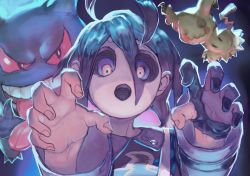 Rule 34 | 3boys, ahoge, allister (pokemon), black hair, black shirt, collared shirt, colored sclera, commentary request, creatures (company), fingernails, game freak, gen 1 pokemon, gen 7 pokemon, gengar, gloves, gym leader, highres, long sleeves, looking at viewer, male focus, mask, mimikyu, multiple boys, nintendo, open mouth, partially fingerless gloves, pokemon, pokemon (creature), pokemon swsh, print shirt, purple background, purple eyes, purple theme, reaching, reaching towards viewer, red sclera, reomenka, shirt, single glove, solo focus, striped sleeves, suspenders, tongue, tongue out