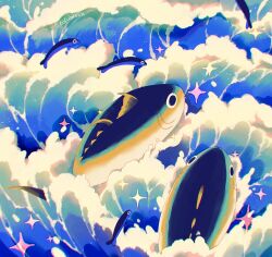 Rule 34 | animal, animal focus, artist name, blue background, commentary, english commentary, fish, jauni (tofublock), no humans, original, sparkle, tuna, water, waves