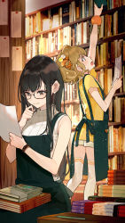 Rule 34 | 2girls, apron, arm up, black-framed eyewear, black hair, blush, book, book stack, bookshelf, brown eyes, brown hair, closed mouth, commentary request, copyright request, glasses, green apron, highres, holding, indoors, long hair, mechanical pencil, mole, mole under eye, multiple girls, official art, open mouth, pencil, pleated skirt, profile, reaching, ribbed shirt, semi-rimless eyewear, shirt, short sleeves, sitting, skirt, sleeveless, sleeveless shirt, smile, standing, thighhighs, under-rim eyewear, very long hair, white legwear, white shirt, white skirt, yellow shirt, yuu (higashi no penguin)