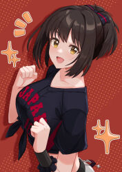 Rule 34 | 1girl, ankimo (nirudo), black hair, black shirt, black wristband, blush, breasts, collarbone, dot nose, from side, hands up, highres, idolmaster, idolmaster cinderella girls, idolmaster cinderella girls starlight stage, large breasts, looking at viewer, midriff, open mouth, polka dot, polka dot background, print shirt, red background, shirt, short hair, short sleeves, smile, solo, sparkle, takafuji kako, tied shirt, yellow eyes