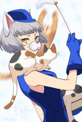 Rule 34 | 1girl, absurdres, animal, animal ears, animal on shoulder, bare shoulders, blue dress, blue gloves, blue hat, blunt bangs, book, cat, cat ears, commentary, dress, elizabeth (persona), fake animal ears, fake whiskers, from side, gloves, grey hair, hat, highres, holding, holding book, looking at viewer, looking to the side, mini hat, motion blur, persona, persona 3, persona 3 reload, short hair, sleeveless, sleeveless dress, upper body, yellow eyes, yokaroni
