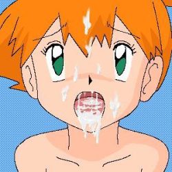 Rule 34 | 1girl, artist request, blue background, creatures (company), cum, cum in mouth, cumdrip, facial, game freak, green eyes, looking at viewer, lowres, misty (pokemon), nintendo, nude, open mouth, orange hair, pokemon, portrait, short hair, side ponytail, solo, tongue