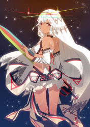 Rule 34 | 1girl, altera (fate), back, dark-skinned female, dark skin, fate/grand order, fate (series), frilled skirt, frills, from behind, hand up, highres, holding, holding sword, holding weapon, light particles, long hair, looking at viewer, looking back, photon ray (fate), red eyes, ronopu, skirt, sky, solo, sword, thighs, weapon, white hair, white skirt