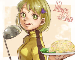 Rule 34 | 10s, 1girl, blonde hair, bruce lee&#039;s jumpsuit, flower, food, food on face, fried rice, green eyes, hair flower, hair ornament, hairclip, huang baoling, ladle, licking lips, m-929, short hair, solo, tiger &amp; bunny, tongue, tongue out