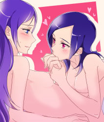 Rule 34 | 00s, 2girls, aono miki, blue eyes, blue hair, blush, breasts, fresh precure!, holding hands, heart, higashi setsuna, long hair, looking at another, multiple girls, negom, nude, pink eyes, precure, purple hair, short hair, small breasts, yuri