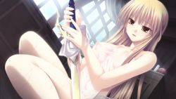 Rule 34 | 1girl, breasts, cleaning sword, collarbone, covered erect nipples, covering privates, from below, game cg, hair between eyes, hatozuki tsumiki, ikusa megami verita, indoors, irina marshrun, long hair, medium breasts, nude cover, open mouth, silver hair, solo, straight hair, sword, towel, very long hair, weapon, yellow eyes