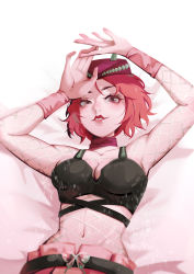 Rule 34 | 1girl, absurdres, arms up, belt, blurry, blurry foreground, blush, breasts, butterfly belt buckle, cleavage, clothing cutout, fake horns, fishnet top, fishnets, genderswap, genderswap (mtf), hat, highres, horned headwear, horns, jojo no kimyou na bouken, lipstick, looking to the side, lying, makeup, momoju163, narciso anasui, navel, on back, on bed, open fly, parted lips, pink eyes, pink hair, short hair, smile, solo, stone ocean, tank top, thick eyebrows, vambraces