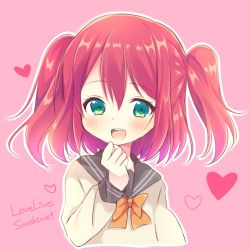 Rule 34 | 10s, 1girl, :d, artist request, asymmetrical hair, blue eyes, copyright name, hand on own chin, kurosawa ruby, looking at viewer, love live!, love live! sunshine!!, neckerchief, open mouth, red hair, school uniform, serafuku, shirt, short hair, short sleeves, side ponytail, simple background, smile, solo, two side up, upper body, white background, white shirt