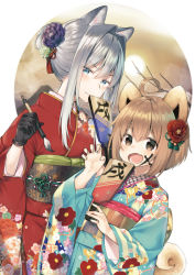 Rule 34 | 2girls, :d, ahoge, animal ears, black gloves, blue eyes, blue kimono, blush, brown eyes, brown hair, calligraphy brush, claw pose, closed mouth, commentary request, dog ears, dog girl, dog tail, drawing on another&#039;s face, fang, fingernails, floral print, flower, gloves, hagoita, hair between eyes, hair bun, hair flower, hair ornament, holding, holding paintbrush, japanese clothes, kimono, long sleeves, looking at viewer, midorikawa you, multiple girls, obi, open mouth, original, paddle, paintbrush, print kimono, purple flower, red flower, red kimono, sash, short hair, sidelocks, silver hair, single hair bun, smile, tail, wide sleeves