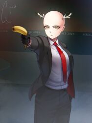 1girl aiming bald bald_girl banana black_gloves black_pants black_suit ceres_fauna food formal fruit gloves hand_in_pocket highres hitman_(game) hololive hololive_english jamwes mole mole_under_eye necktie pants parody red_necktie shirt signature suit virtual_youtuber white_shirt yellow_eyes yusuf_dikec