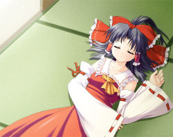 Rule 34 | 1girl, armpits, ascot, bare shoulders, black hair, bow, collar, collarbone, detached sleeves, dress, closed eyes, female focus, from above, hair bow, hair tubes, hakurei reimu, long sleeves, lying, maroppe, on back, ponytail, red bow, red dress, ribbon-trimmed sleeves, ribbon trim, sidelocks, sleeping, solo, tatami, touhou