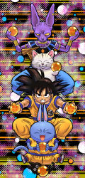 Rule 34 | 4boys, animal, bare arms, beerus, black cat, black eyes, black hair, blue pants, boots, bracelet, cat, character request, dougi, dragon ball, dragon ball (object), dragonball z, closed eyes, fingernails, full body, grin, holding, jewelry, karin (dragon ball), looking at viewer, male focus, multicolored background, multiple boys, muscular, necklace, neko majin (series), open mouth, outstretched arms, pants, serious, short hair, smile, son goku, spiked hair, staff, stargeyser, tail, tama (dragon ball), teeth, whiskers, white cat, wristband