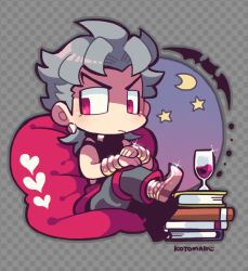Rule 34 | 1boy, alcohol, artist name, bat (animal), bean bag chair, book, book stack, checkered background, crescent moon, cup, dio brando, drinking glass, earrings, grey hair, heart, jewelry, jojo no kimyou na bouken, kotorai, male focus, moon, pointy footwear, purple eyes, shoes, signature, solo, sparkle, wine, wine glass, wrist cuffs