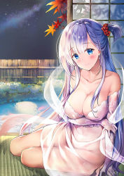 Rule 34 | 1girl, arm support, azur lane, blue eyes, blush, breasts, cleavage, closed mouth, collarbone, commentary request, detached sleeves, hagoromo, hair ornament, hair scrunchie, large breasts, leaf, long hair, looking at viewer, maple leaf, md5 mismatch, moonlight, night, night sky, one side up, onsen, rei (rei&#039;s room), resolution mismatch, scrunchie, see-through, see-through sleeves, shawl, shouji, shoukaku (azur lane), shoukaku (the crane that dances with the wind) (azur lane), sidelocks, silver hair, sitting, sky, sliding doors, smile, solo, source larger, star (sky), starry sky, tatami, very long hair, yokozuwari