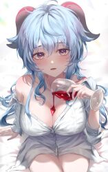 Rule 34 | 1girl, absurdres, alcohol, arin art, bare shoulders, blue hair, blush, breasts, buttons, collarbone, collared shirt, cup, drinking glass, fang, fangs, fingernails, ganyu (genshin impact), genshin impact, glass, goat horns, hair between eyes, hand up, highres, holding, holding cup, horns, large breasts, long fingernails, long hair, long sleeves, looking at viewer, multicolored eyes, open mouth, purple eyes, shirt, sidelocks, simple background, sitting, solo, white background, white shirt, wine, wine glass, yellow eyes