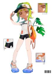 Rule 34 | 1girl, :&lt;, arm at side, arm up, bag, barcode, bike shorts, black shorts, brown eyes, close-up, closed mouth, commentary request, english text, full body, furrowed brow, green hair, hand on headwear, highres, leaf, long hair, multicolored footwear, nintendo, octoling, octoling girl, octoling player character, orange bag, plant, pppmepl, print shirt, shirt, short sleeves, shorts, shoulder bag, solo, splatoon (series), splatoon 3, standing, tentacle hair, thick eyebrows, visor cap, white shirt