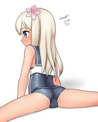 Rule 34 | 1girl, absurdres, ass, blonde hair, blue eyes, dated, feet out of frame, flower, from behind, grey one-piece swimsuit, grey sailor collar, hair flower, hair ornament, highres, kantai collection, long hair, maru (marg0613), one-hour drawing challenge, one-piece swimsuit, one-piece tan, ro-500 (kancolle), sailor collar, school swimsuit, shirt, simple background, sleeveless, sleeveless shirt, solo, split, spread legs, swimsuit, swimsuit under clothes, tan, tanline, twitter username, white background