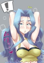 Rule 34 | !, 1girl, ^^^, arms up, blue eyes, blue hair, blush, breasts, breath, covered erect nipples, creatures (company), game freak, grey background, heart, highres, japanese text, karen (pokemon), kira boshi27, large breasts, long hair, navel, nintendo, open mouth, pokemon, pokemon hgss, pursed lips, solo, sweat, tank top, upper body
