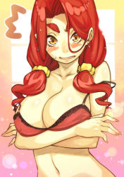 Rule 34 | 1girl, bad id, bad pixiv id, blush, bra, breasts, cleavage, earrings, eyebrows, female focus, jewelry, large breasts, long hair, looking at viewer, navel, open mouth, original, red hair, rozario (akai rosario), solo, strap slip, sweatdrop, tabitha luvini, twintails, underwear, yellow eyes