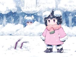 Rule 34 | &gt;:), 2girls, ahoge, animal ears, black footwear, black hair, boots, commentary, covered mouth, dress, full body, fur-trimmed boots, fur-trimmed sleeves, fur trim, inaba tewi, jacket, long hair, multiple girls, outdoors, pink dress, pink jacket, pink scarf, purple hair, rabbit ears, red eyes, reisen udongein inaba, scarf, shirosato, smile, snow, snowing, standing, touhou, v-shaped eyebrows